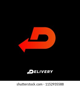 D letter. Delivery logo. D monogram with arrow, isolated on a dark background. Monochrome option.