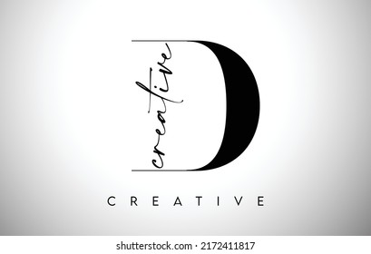 D Letter Design with Creative Cut and Serif Font in Black and White Colors Vector Illustration.