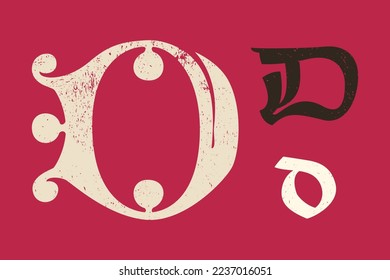 D letter drop cap logo. Illuminated initial and blackletter uppercase and lowercase. All you need to precisely imitate medieval text. Decorative element for the beginning of a paragraph or section.