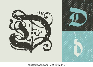 D letter drop cap logo. Illuminated initial and blackletter uppercase and lowercase. All you need to precisely imitate medieval text. Decorative element for the beginning of a paragraph or section.