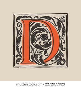 D letter drop cap logo in medieval engraving style. Blackletter square initial. Illuminated dark-age emblem with lush foliage and tulips. Perfect for vintage identity, gothic posters, luxury packaging