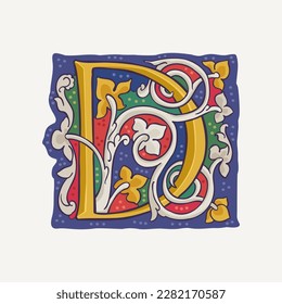 D letter drop cap logo with interlaced white vine and gilding calligraphy elements. Renaissance initial emblem. Medieval dim colored fancy luxury icon based on Ottonian and Romanesque.