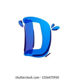 D letter eco logo with blue water drops handwritten with a felt-tip pen. Vector marker font can be used for eco friendly, vegan, bio, raw, organic template.