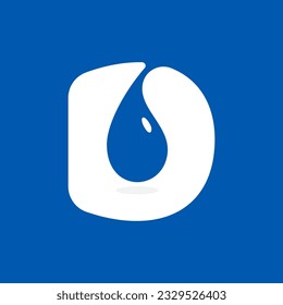 D letter eco logo with blue water dew drops. Negative space icon. Spring water emblem. Vector template for pure drink company, swimming posters, waste recycling identity, fight against drought adv.