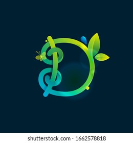 D letter eco logo with green curved lines, leaves and dew drops. Vector handwritten script font for nature labels, bio company, spring posters etc.