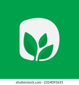 D letter eco logo with green leaves. Negative space agriculture icon. Lush foliage emblem. Vector template for seeds growing company, summer posters, waste recycling identity, nature friendly labels.