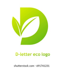 D letter eco logo isolated on white background. Organic bio logo with a leaf of sprout grass for corporate style of company or brand on letter D.