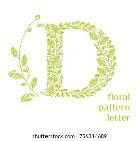 D letter eco logo isolated on white background. Organic bio logo from green grass leaves, plants for corporate identity of the company or brand on the letter D.
