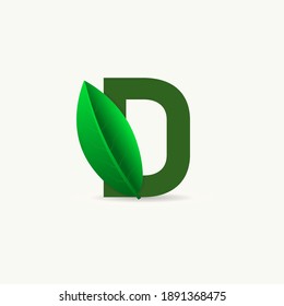D letter eco logo with leaf. Vector font for nature posters, eco friendly emblem, vegan identity, herbal and botanical cards etc.