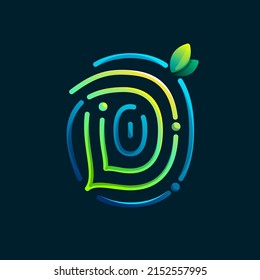 D letter eco logo made of fingerprint. Gradients icon with green leaves and dew drops. Perfect for online payment art, biometric design, agriculture advertising, pure food packaging, modern identity.