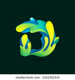 D letter eco logo made of green and blue splashes, pure water waves and dew drops with fresh leaves. Wildlife rescue icon with glow and gradients. Perfect for agriculture art, healthy food packaging.