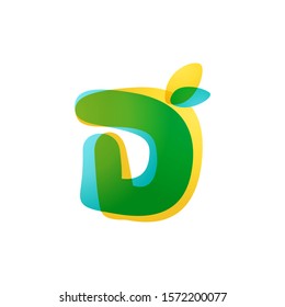 D letter eco logo. Overlapping gradient font with green leaves. Vector green template can be used for eco, vegan, bio, raw, organic.