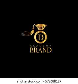 D letter education hat vector logo design template. Graduation cap golden sign (symbol, design element)