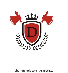 D Letter elegant heraldic shield with crown alphabet