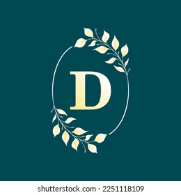 D letter in elegant oval frame with gold leaf. Vector isolated illustration.