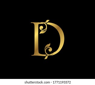 D Letter Floral Gold logo. Classy drawn emblem for book design, weeding card, brand name, business card, Restaurant, Boutique, Hotel. 