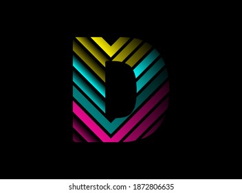D letter font logo with cmyk color. Dynamic split blue, pink, yellow color on black background. For social media,design elements, creative poster, brand label and more