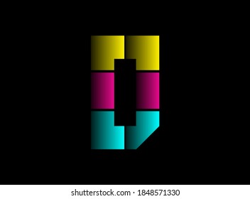 D letter font, vector logo made of Cmyk color. Dynamic split blue, pink, yellow color on black background. For social media,design elements, creative poster, web template etc.                       

