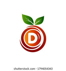Logo de la letra D fruta con hoja verde y gradiente.D Diseño del logotipo de la letra naranja.D diseño del logo de la fruta de círculo.Logotipo de hoja y fruta con letra D
