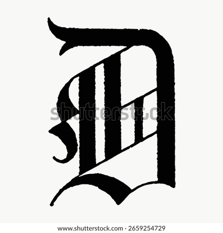 D letter, German gothic font vintage illustration isolated on white, vector. Creative font and typography letter, isolated vector. Vintage black font.