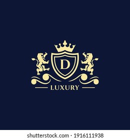 D Letter Gold luxury vintage monogram floral decorative logo with crown design template Premium Vector