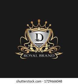 D Letter Gold Shield Logo. Elegant vector logo badge template with alphabet letter on shield frame ornate style design.