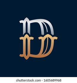 D letter gold and silver logo in slab serif retro style. Vector crown glossy font for your fashion poster, jewelry badge, vintage banner, boutique card etc.