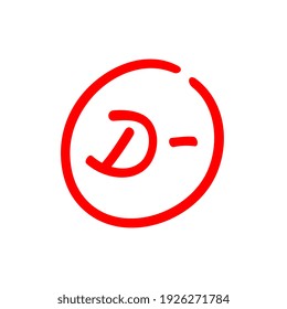 D- letter grade, D minus illustration, red color test score