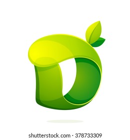 D letter with green leaves logo, volume icon. Font style, vector design template elements for your ecology application or corporate identity.