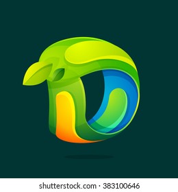 D letter with green leaves logo. Font style, vector design template elements for your ecology application or corporate identity.