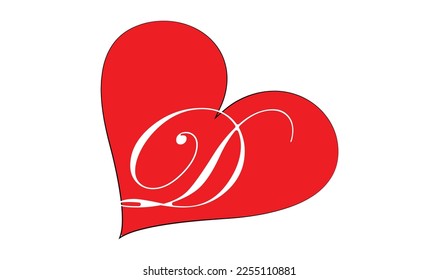 D letter with a heart on red background for lovers and friends