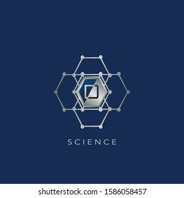 D Letter Hexagon Ring Techno Logo. Silver Hexagon Geomtrical Ring with letter logo icon on blue background color for science technology design concept.