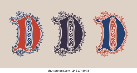 D letter illuminated gothic monogram with naturalistic flowers ornament. German drop cap. Dark age decorative logo. Classic medieval red and blue Latin initials font based on XIV century manuscript.