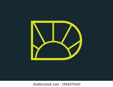 D Letter Initial Abstract Line with Sunrise Logo Design. Illustration of Simple D Letter Sun Sunrise Sunshine Sunset Shape Icon Design. Vector Design.