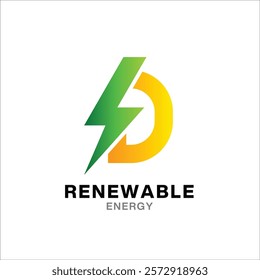 D letter and lightning on the dark background. D monogram. Power and energy technology.