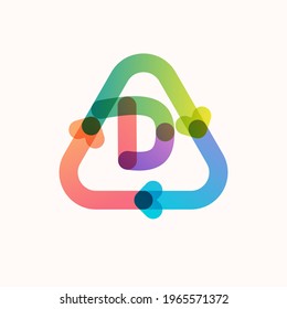 D letter line logo inside triangular shaped recycling symbol with arrows. Colorful gradient overlay emblem for your eco-friendly Illustrations, and plastic free living and zero waste projects. 