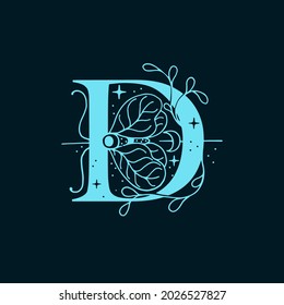 D letter logo in the astrological style. Hand drawn monogram for magic postcards, medieval style posters, esoteric advertise, luxury ornate T-shirts.