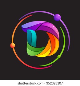 D letter logo with atomic or space orbits. Abstract trendy multicolored vector design template elements for your application or corporate identity.