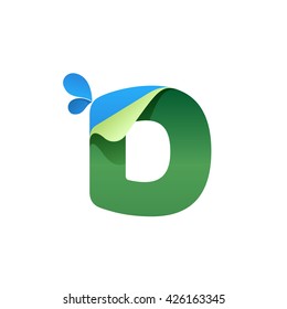 D letter logo with blue drops and folded corner. Vector paper style typeface. Ecology letter for card, app icon, corporate identity, label or poster.