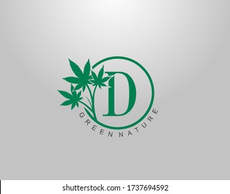 D Logotipo Círculo Naturaleza Canabis Hoja, concepto de diseño de logotipo vectorial hoja de marihuana medicinal con icono de logo de letra inicial para negocios de naturaleza.