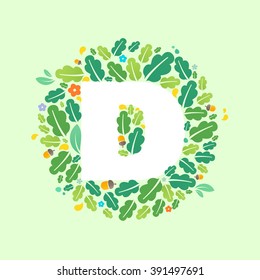 D letter logo in a circle of oak leaves and acorns. Summer font style, vector design template elements for your ecology application or corporate identity.