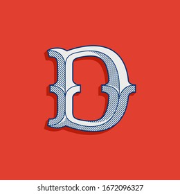 D letter logo in classic sport team style. Vintage slab serif font with lines shadow. Perfect for victorian identity, luxury package, retro book, western diploma, etc.