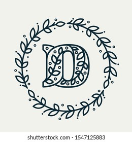 D letter logo consisting of floral pattern in a circle laurel wreath. Linear heraldic vector font. Can be used for boutique, cafe, restaurant, royalty, hotel, jewelry or sport industry.