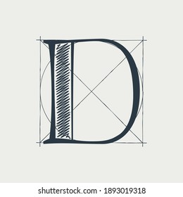 D letter logo with construction grid lines. Vector vintage serif character perfect to use in any architecture labels, boutique posters, luxury identity, etc.