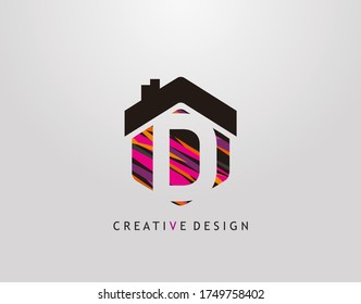 D Letter Logo. Creative hexagon house strip shape with negative space of letter D, Home Studio Icon Design.