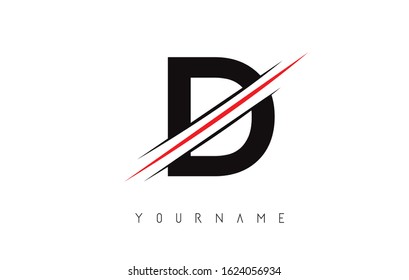 D Letter Logo Design cutted in the middle with a red line and with sharp edges.  Creative logo design. Fashion icon design template.