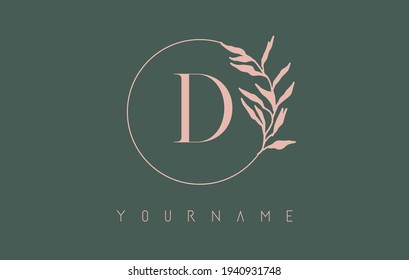 D Letter logo design with dust pink circle and leaves on a green background. Initial Letter D Vector Illustration with Botanical elements. Nature vector template design concept with D letter.