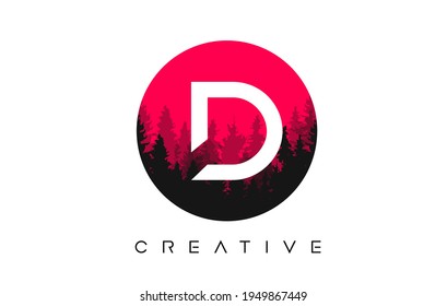 D Letter Logo Design with Pine Forest Vector Shapes and Red Circular shape Color Illustration