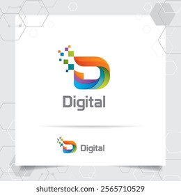 D letter logo digital in modern triangle pixel style. Colorful letter D with mosaic and geometric shape.