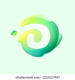 D letter logo in eco gradient splash blot with green leaf. Negative space environment friendly icon. Illusion effect emblem. Perfect for agriculture art, waste recycling design, healthy food packaging